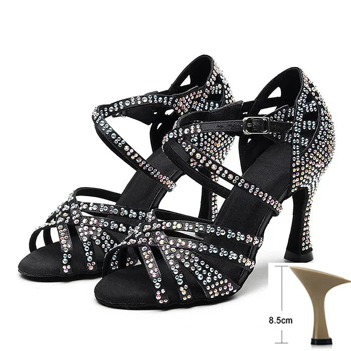 Latin Dance Shoes Women High Heels Hot Selling Diamond-encrusted Sandals Indoor Soft-soled Stage Game Party Social Ballroom Girl