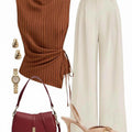 Women's Sleeveless Side Tie Top Matching High Waist Wide Leg Pants For Office Daily Dinner Casual Fashion Occasions