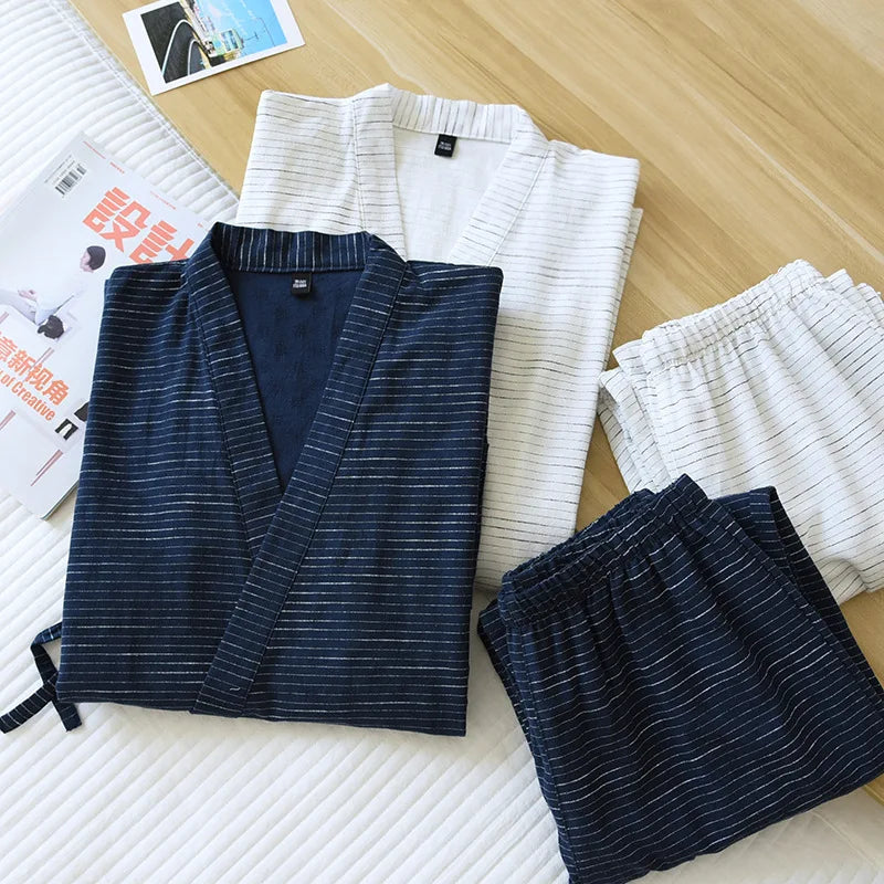 Japanese 100% cotton kimono robes men pajamas sets simple Fashion striped short sleeve trousers Bathrobes men plus size