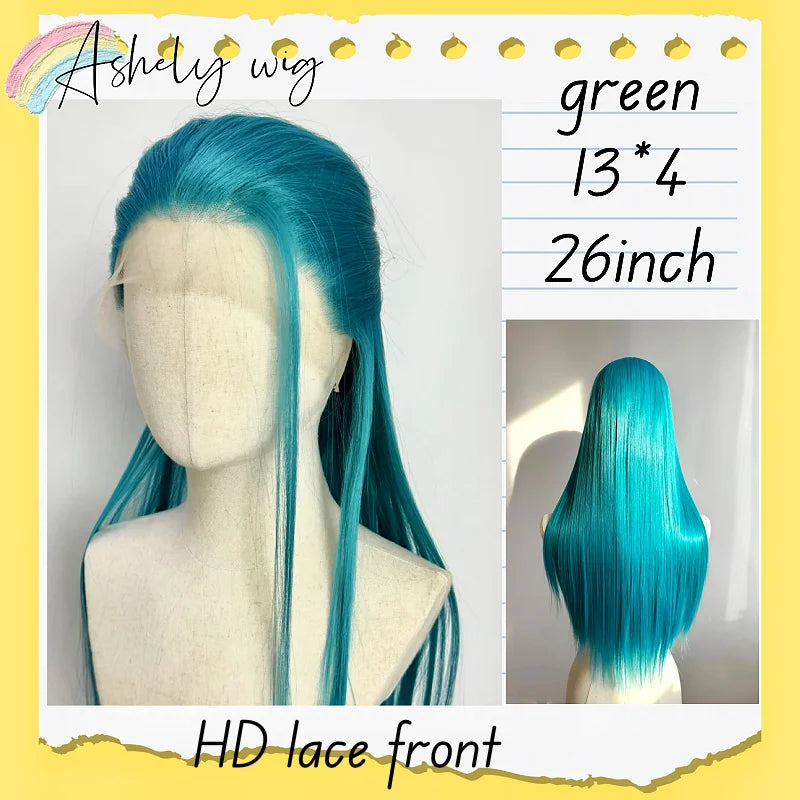 Ashely Turquoise Green Wig 13*4 26inch Long Straight Wigs for Women High Quality Lolita Synthetic Lace Wigs for Cosplay  통가발