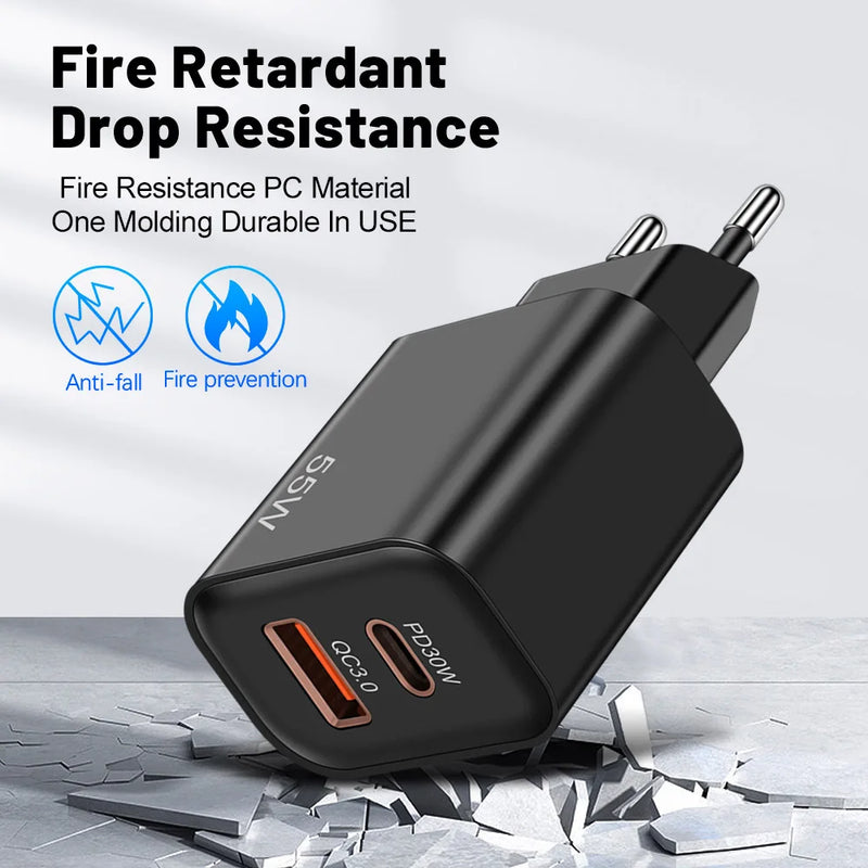 55W PD Fast USB Charge Charger 2 Ports EU US Plug Wall Charger Adapter For iPhone Xiaomi Huawei Samsung USB C Phone Charger