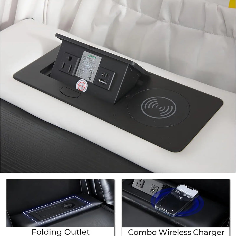 TODRANI Power Reclining Sofa 0 Gravity w/ Wireless Charger,LED Floor Lights,Reading Light, Drop-down Table USB/Type-C Port(070)