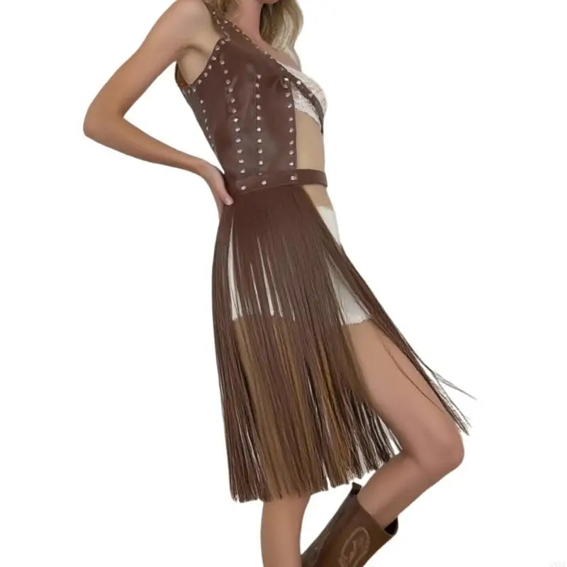 Long Fringed Suspender Belt Decorative PU Waist Cincher Corset For Club Wear - Visuel 2 | SAMAG