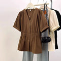 200 Pounds Plus Size Elastic Waist Office Lady Trend Shirt And Blouse Solid Color Top Women Clothing V-neck French Chic Basics