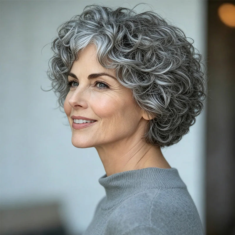 Salt and Pepper Pixie Cut Human Hair Wigs for Women Gray Hair Black Mixed With 60#Color for Daily Use Machine Made