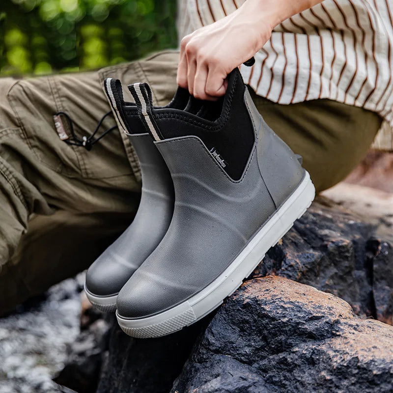 Men Rain Boots Non-slip Water Shoes Outdoor Waterproof Fishing Boots Slip on Men Rubber Boots PVC Material Round Toe Rain Shoes