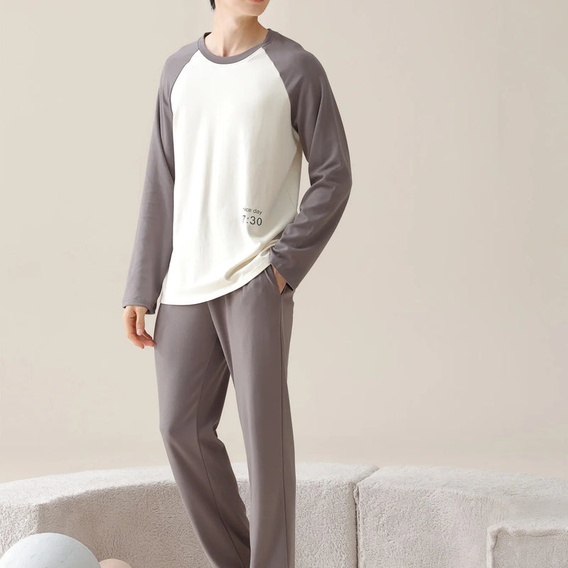 Men's 100% Cotton Long Sleeved Four Season Plus Size Men's Sleepwear, Teenage Pure Cotton Home Suit Set for Warmth