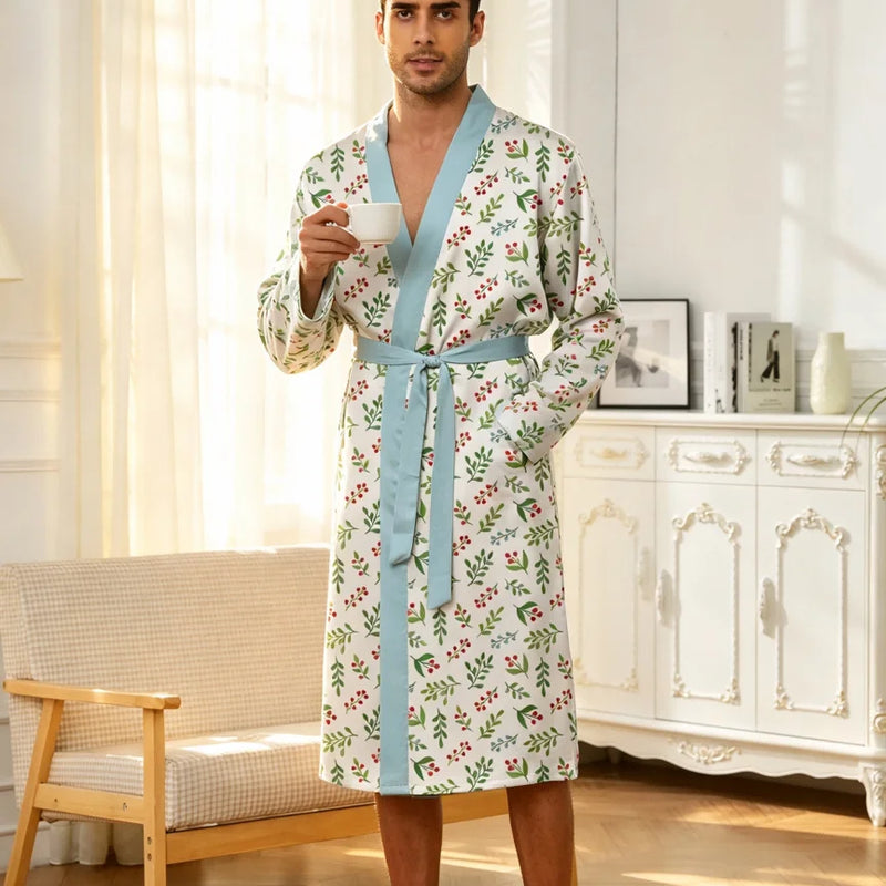 Men's lightweight quick-drying pajama bathrobe - 3D digital printing, non-fading design, stand-up collar and adjustable waistban