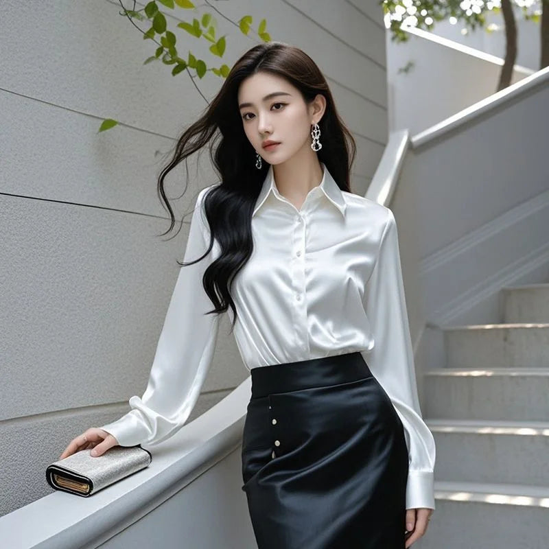 Ele Purple Silk Satin Long Sve Women's irt Profional Faionable Commuting Sle Autumn New Arrival Loose Fit Pol...