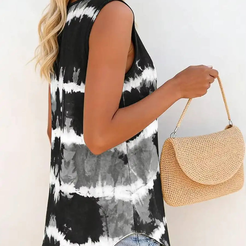 Women's Black White Tie Dye Tank Top V Neck Button Sleeveless Loose Tank Top Boho Spring Summer Day Casual Streetwear Top