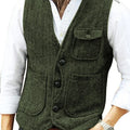 Men Vest Brown Herringbone Wool Tweed V Neck Single Breasted Retro Tooling Vest Male Gentleman Business Waistcoat For Wedding