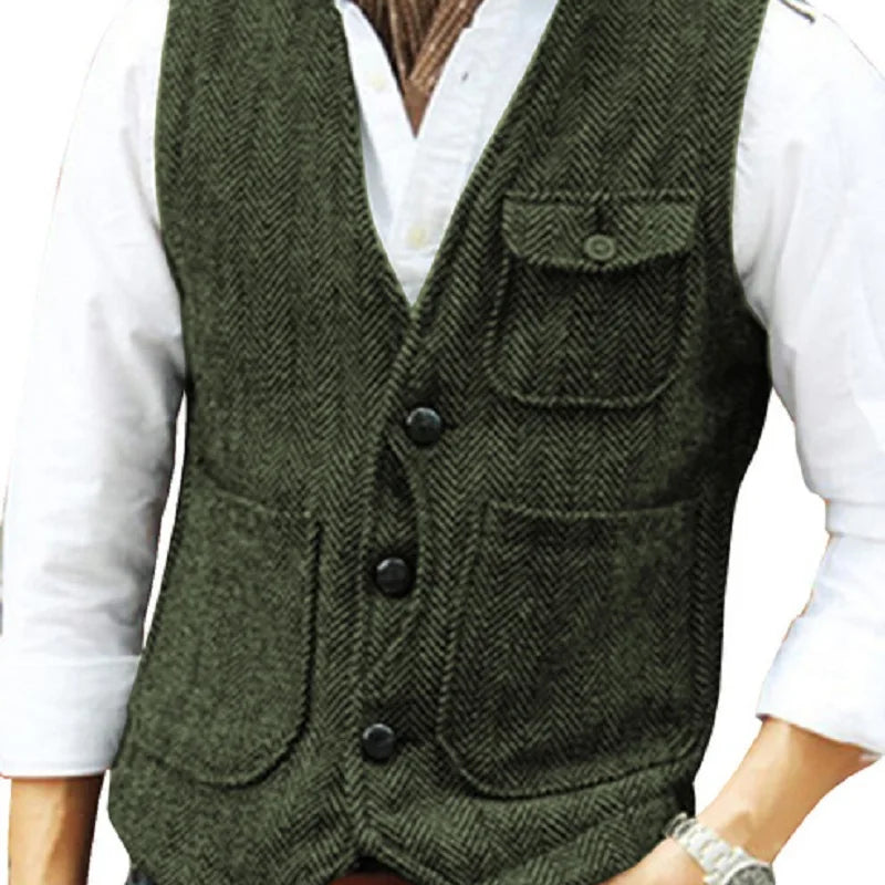 Men Vest Brown Herringbone Wool Tweed V Neck Single Breasted Retro Tooling Vest Male Gentleman Business Waistcoat For Wedding
