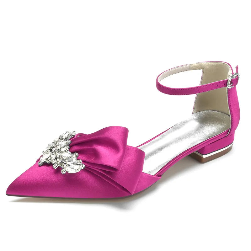 Satin Rhinestones Wedding Flats Shoes Pointed Toe Ankle Buckle Strap Women Flat Sandals for Bridesmaids/Prom/Evening