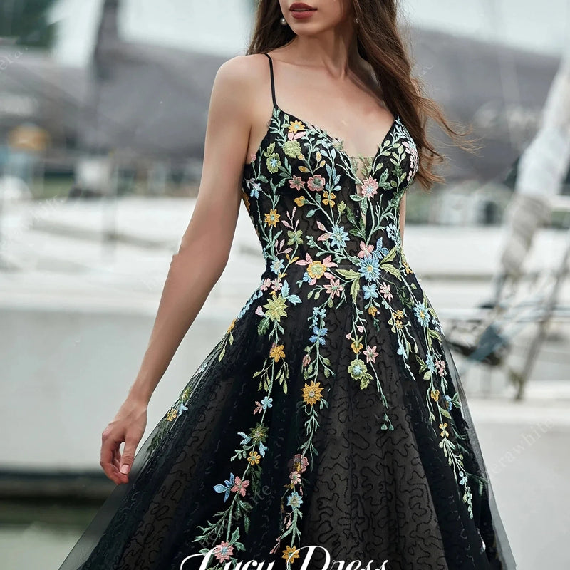 Line A Floral Fabric Wedding Dress Evening V-neck Party | SAMAG