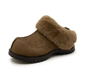 2026 Autumn Winter New Women Round Toe Flannel Closed Toe Slippers Retro Platform Slippers Plush Warm Non Slip Outdoor Slides