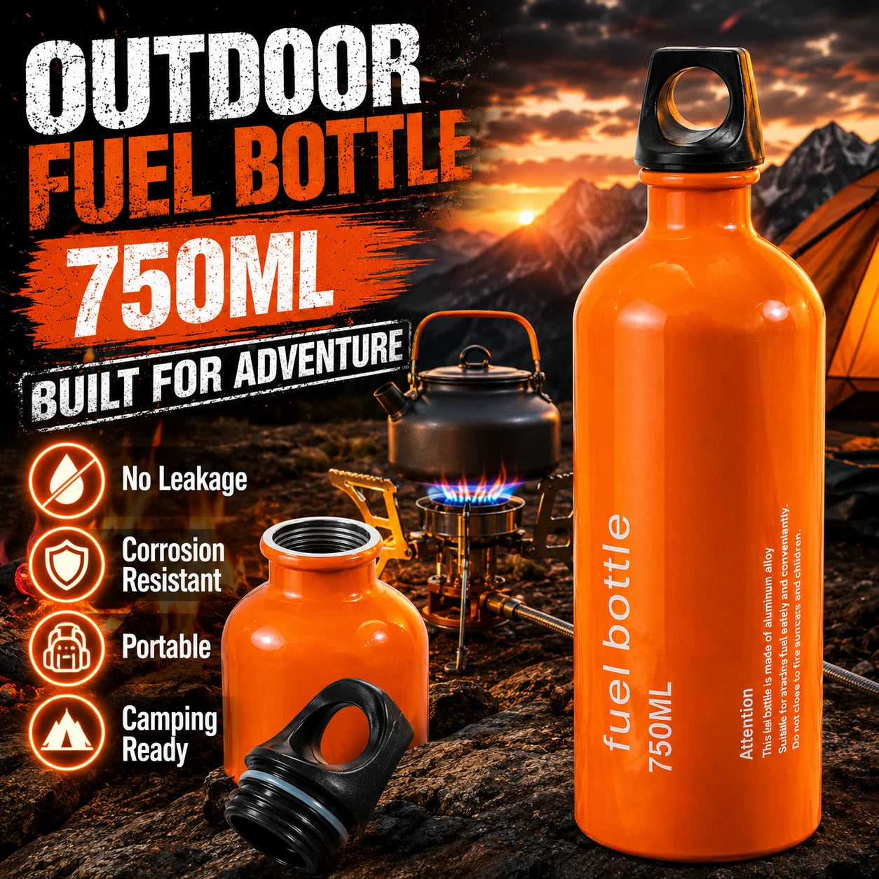 750ml Aluminum Fuel Bottle Camping Stove Gas Oil Storage Can Leakproof Orange Lightweight Outdoor Fuel Container for Backpacking Hiking Picnic Camp Burner Refill Portable Travel Bottle Durable Safety Cap Camping Gear Accessor