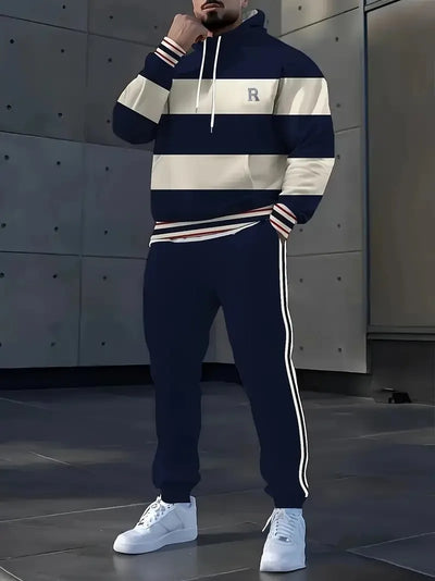 The new men's set for Spring and Autumn features a casual fashionable comfortable and soft 3D striped pattern print | SAMAG