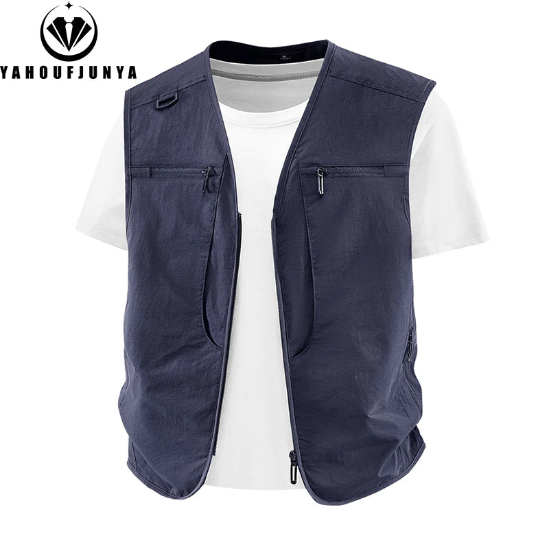 2026 Summer Men Sleeveless Outdoor Cargo Leisure Work Vest Men Pocket Solid Color Fishing Camping Thin Vest Male Waistcoat 8XL
