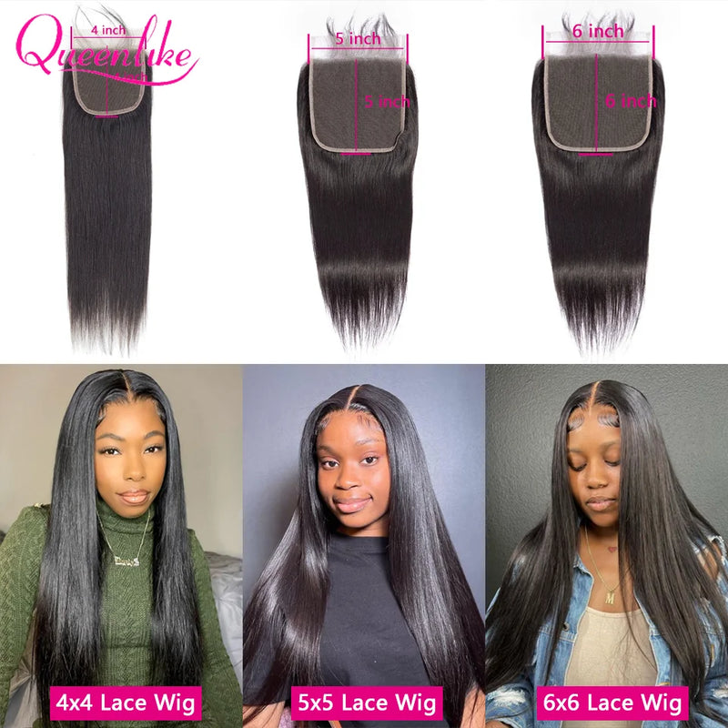 Queenlike 5x5 Lace Closure With Bundles Brazilian Weave 30 40 Inch Straight Human Hair Bundles With 6X6/13X4 Frontal Closures