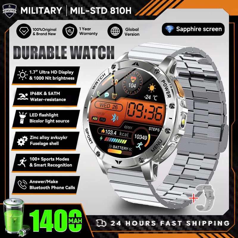 Military Grade Alloy Smartwatch 1400mAh Long Standby Waterproof SOS Emergency Flashlight BT Call Outdoor Sports Watch For Men