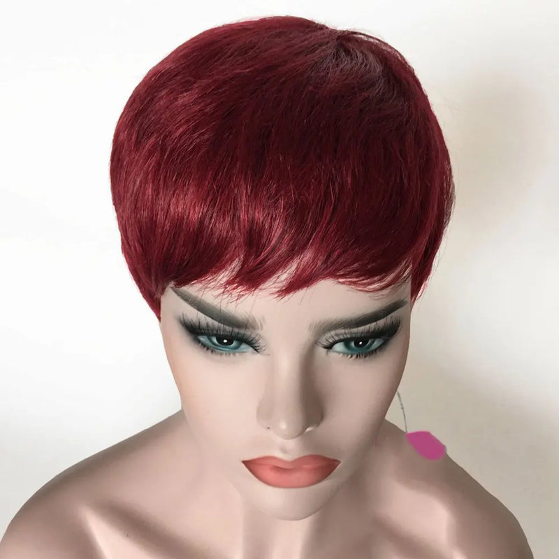 99j Color Dark Burgundy Red Human Hair Wigs for Women Short Pixie Cut Wigs with Bangs Layered Boy Cut Duby Wig Machine Made