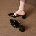 French Style Pointed Toe Chunky Heel V-Cut Mules with Chain Decor, Commute Versatile Comfortable Outdoor Wear Sandals for Women