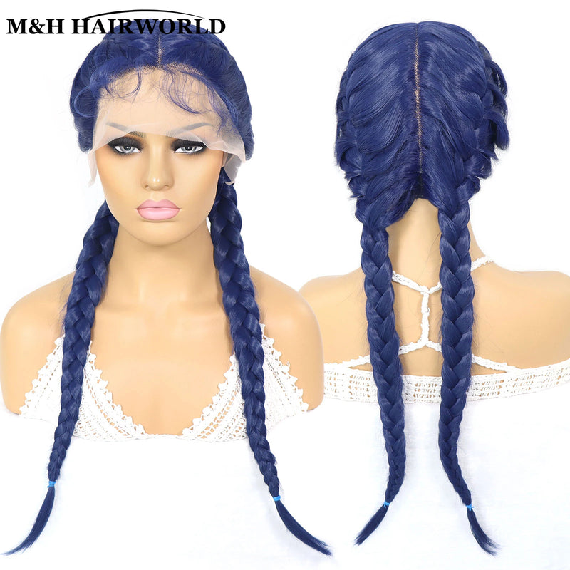 Half Red Half Black Colored Lace Front Braided Wigs For Women 26 Inch Long Synthetic Double Dutch Box Braids Wig With Baby Hair