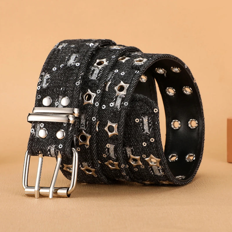 New Fashion Luxury Belt Black Punk Accessories Blue Denim Girdle HipHop Y2k Star Hollowed Pin Buckle Waistband，For Men Women
