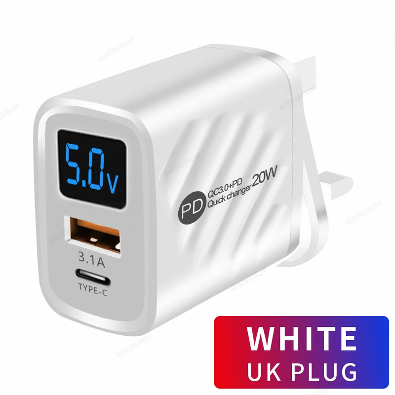 PD 20W USB C Charger Fast Charging Type C Wall Charger For iPhone 14 Samsung Xiaomi Huawei Digital Display Phone Charger Adapter