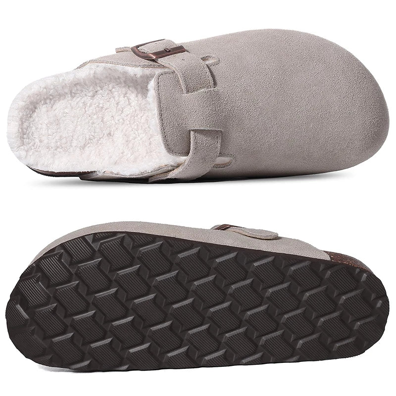Kidmi Winter Casual Mules For Women and Men New Clogs Slippers With Adjustable Buckle Cow Suede Cork Insole Cozy Women's Sandals