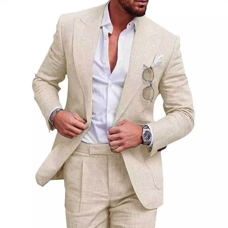 Men‘s Linen Pant Suit Set Plus - size Black Blue Single Button 2 - Piece Summer Business Formal Casual - View 3 | SAMAG