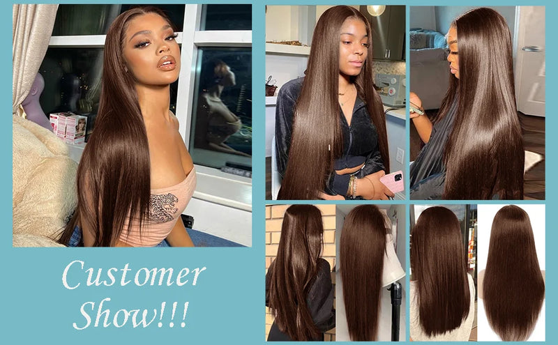 Chocolate Brown Straight Lace Front Wig Synthetic 30 Inch 200 Density 13x4 HD Transparent Full Lace Frontal Wig Pre Plucked