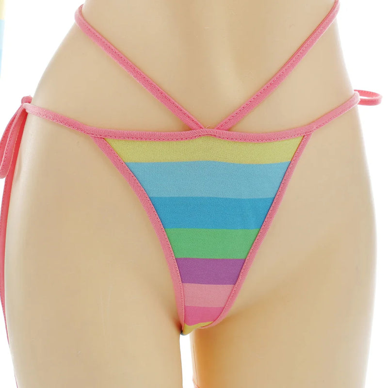 Women Rainbow Stripe Long Sleeve Short Tops and Panty with Stockings Sleepwear Cosplay Costumes