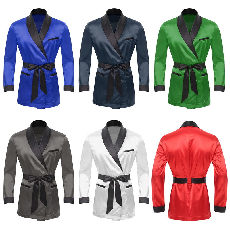 Mens Sleepwear Jacket Robe with Belt Pajamas Top Lapel Long Sleeve Side Pockets Satin Shirt Kimono Bathrobe Nightwear Loungewear