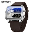 Sanda Men's Watch Fashionable Multifunctional Luminous Waterproof，Three Time Zones, Alarm Clock, Dual Display Electronic Watch