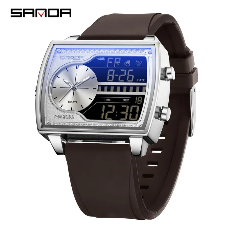 Sanda Men's Watch Fashionable Multifunctional Luminous Waterproof，Three Time Zones, Alarm Clock, Dual Display Electronic Watch