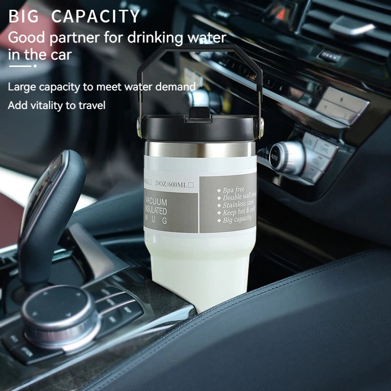 600/890ML Thermos Mug With Straw Stainless Steel Car Insulated Flask Water Tumbler for Outdoor Keeps Cold and Heat Thermal Mug