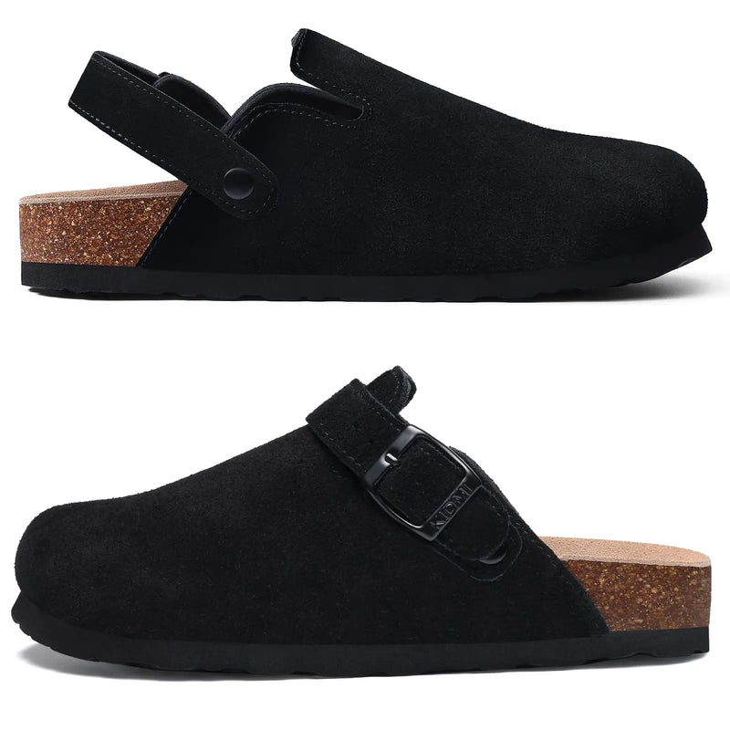 2026 Women Suede Clogs With Adjustable Buckle Cork Leather Mules Comfortable Slip on Women Slippers Outdoor Cork Clogs