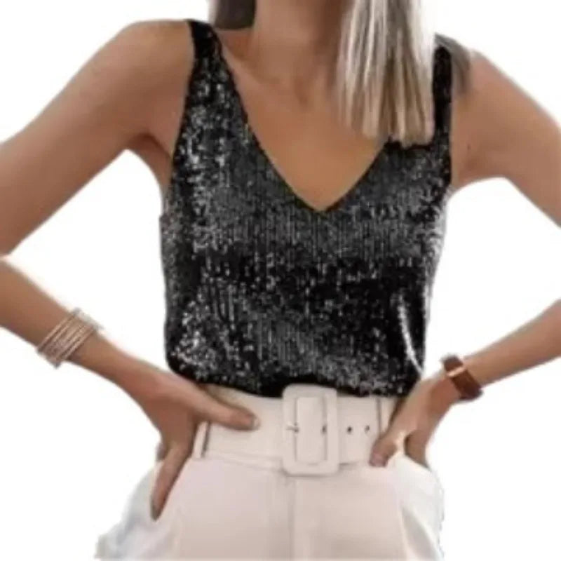Women Sequin V Neck Tank Top Sleeveless Sparkly Camisole - View 4 | SAMAG