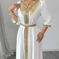 Moroccan Kaftan Abaya Women Dubai V Neck Gold Fringe | SAMAG
