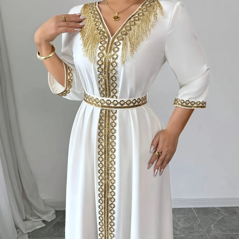Moroccan Kaftan Abaya Women Dubai V Neck Gold Fringe | SAMAG