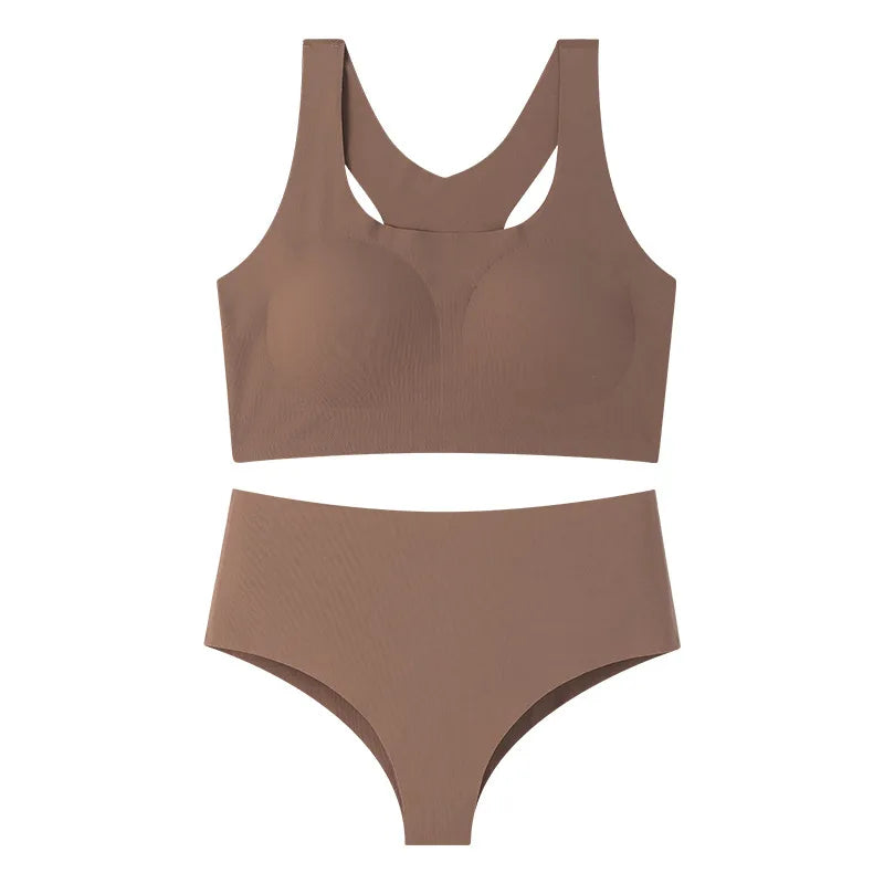 TERMEZY Soft Seamless Wireless Bra Set Minimalist Racerback Bralette Set Sport Yoga Breathable Panties Set Solid Color Intimates