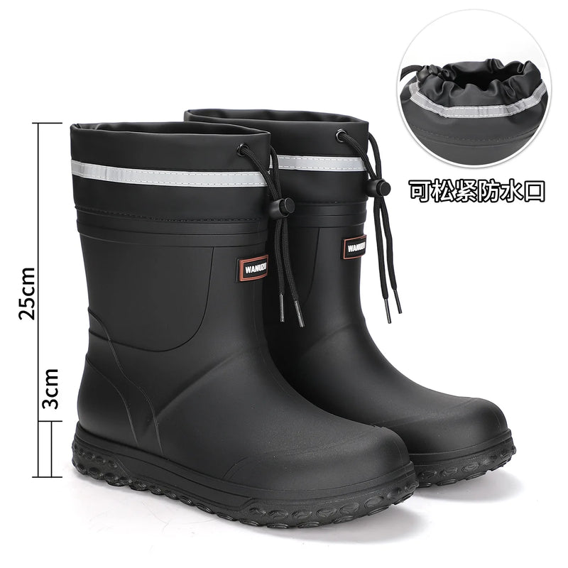 Men's Fashion Rain Boots High Quality Anti-Slip Waterproof Shoes Thick Bottom Wear-Resistant Outdoor Drawstring Work Rubber Shoe