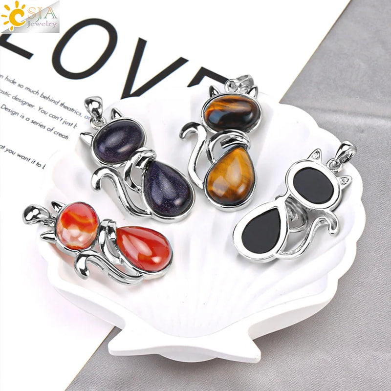 Natural Stone Pendant Cute Cat Pendants Suspension for Girl Amethyst Tiger Eye Green Aventurine Pink Crystal Cat Jewelry F072