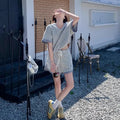 Women Korean Lazy Style Two Piece Outfit Summer Small Check Short Sleeve T Shirt Drawstring Shorts Loose Casual Tracksuit