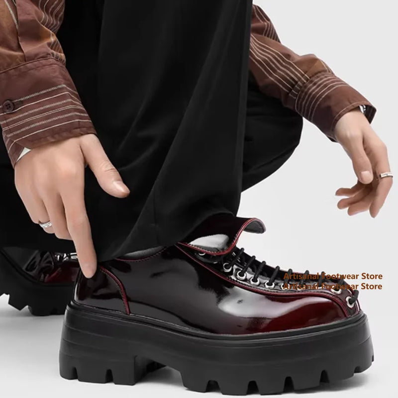 Thick Soled Derby Shoes British Style Men's Lace Up Round Toe Casual Leather Shoes Trendy Handmade Height Increasing Men's Shoes