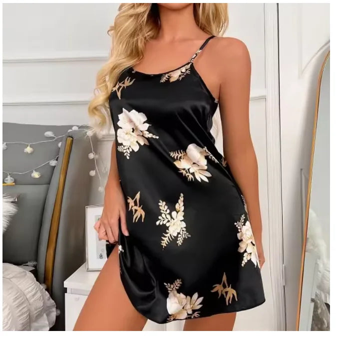 Ladies Sexy Sling Nightgown Nightdress Women's Sexy Lingerie Silk Satin Sleepwear Floral Pinting Nightwear Homewear Mini Dress