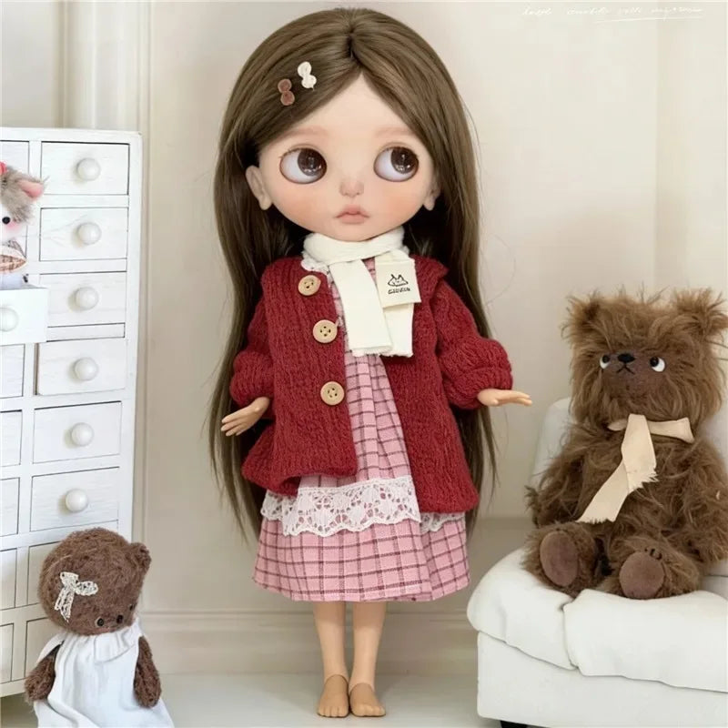 For Blythe Doll Outfit Clothing Princess Lace Maid Skirt Set Cute Plaid Pants Vintage Dress Clothes OB24 OB22 1/6 Accessories