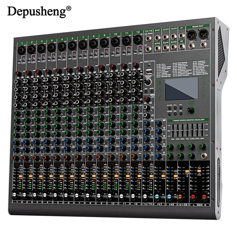 14 Channels Digital Professional Audio Console Mixer Depusheng TG14 Mixing DJ Console USB with 48V Phantom Power Built-in 99 Rev