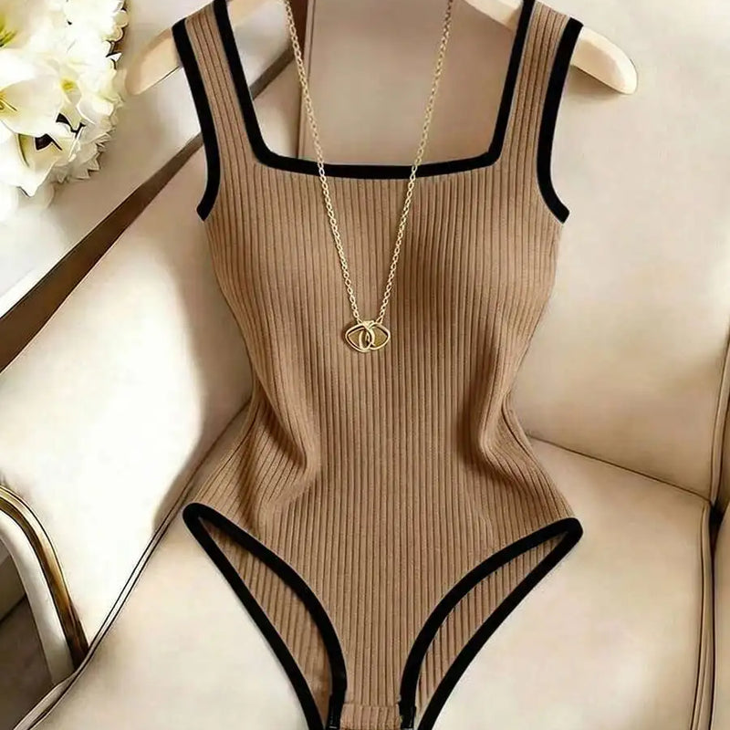 3pcs Women's Ribbed Bodysuit Set Fashionable Black Piped Square Neck Waist-Cinching Style Summer Nightlife Wear Elegant Beach Ou